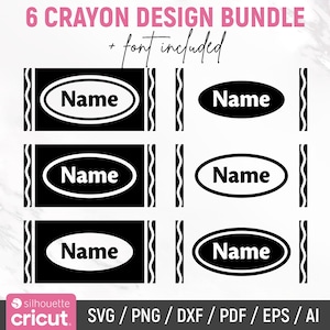 May include: Six black and white crayon designs with the word "Name" in a white oval shape. The designs are in a bundle and include a font.