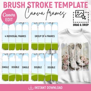 Puede incluir: Una descarga digital de cuatro marcos de trazos de pincel en un esquema de color verde, azul y blanco. Los marcos están diseñados para ser utilizados en Canva y se pueden utilizar para crear una variedad de diseños. Los marcos están disponibles como marcos individuales o como un grupo de cuatro. El texto "Canva frames" y "DRAG & DROP" también se incluye en la imagen.