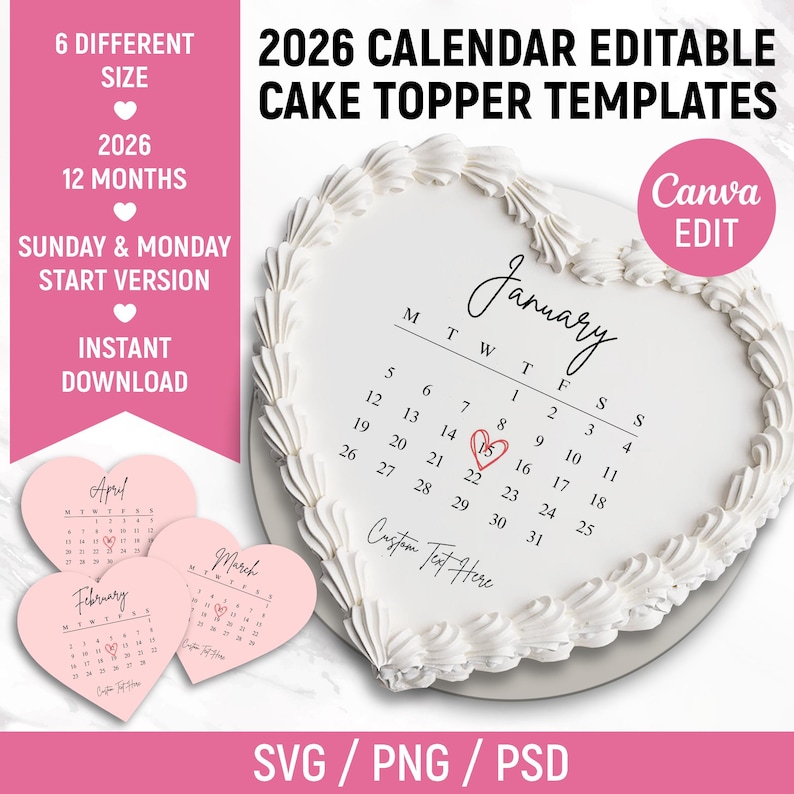 2026 Burn Away Cake Topper Calendar Template, Custom Heart Сake Topper, Calendar Printable, Birthday Cake Topper, Printable, Canva Editable image 1