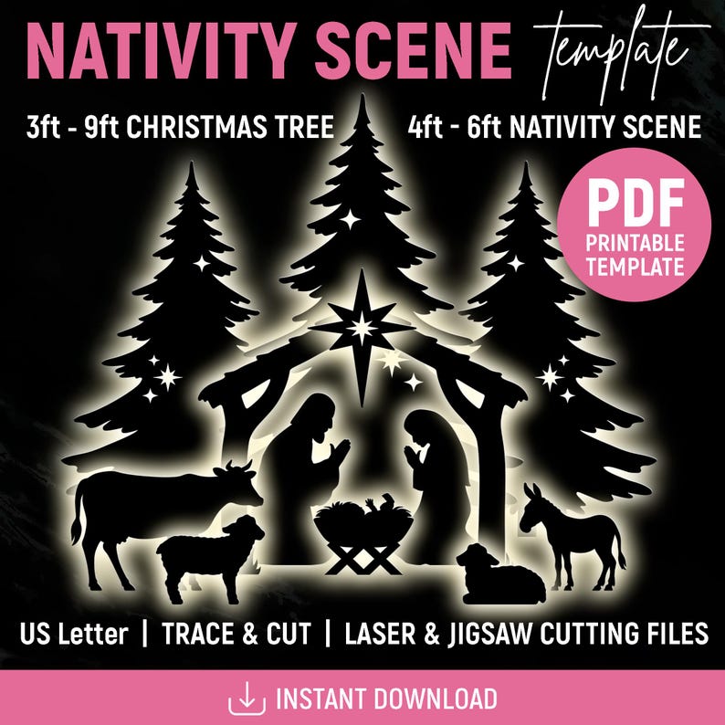 Nativity Scene and Christmas Tree Template, Christmas Scene Lawn Decor ...