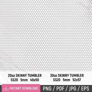 K&ouml;nnte beinhalten: Ein schwarz-wei&szlig;es Muster aus Kreisen auf wei&szlig;em Hintergrund. Das Muster wiederholt sich &uuml;ber das gesamte Bild. Der Text "20oz SKINNY TUMBLER SS20 5mm 49x50" und "30oz SKINNY TUMBLER SS20 5mm 52x57" befindet sich am unteren Rand des Bildes. Der Text "INSTANT DOWNLOAD PNG/PDF/JPG/EPS" befindet sich am unteren Rand des Bildes.