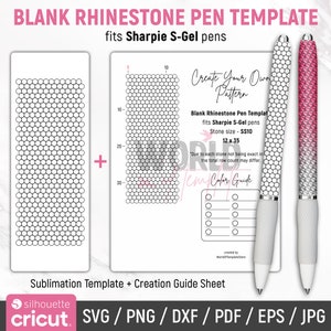May include: A black and white template for creating a rhinestone pen. The template is 12 inches by 35 inches and uses SS10 size rhinestones. The template is designed to fit Sharpie S-Gel pens. The image also includes a color guide and a close-up of a finished pen.
