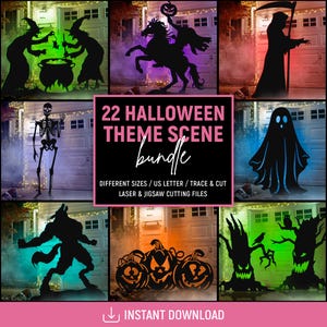 Halloween Theme Scene Template, Halloween Scene Lawn Decor, Outdoor Silhouette Template, Print, Trace & Cut, Stencils, PDF, Instant Download