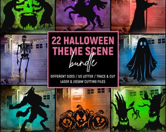 Halloween Theme Scene Template, Halloween Scene Lawn Decor, Outdoor Silhouette Template, Print, Trace & Cut, Stencils, PDF, Instant Download