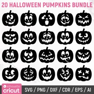 May include: A set of 20 black and white Halloween pumpkin SVG cut files. Each pumpkin has a different facial expression.