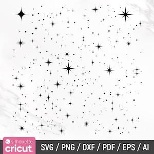 May include: A black star and dot pattern against a white backdrop. The design showcases stars and dots of different sizes, evoking a celestial or galaxy theme. The image includes the Silhouette and Cricut logos, plus file type options.