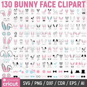 Könnte beinhalten: Eine Sammlung von 130 Hasengesicht-Clipart-Designs in Schwarz, Weiß, Rosa und Blau. Die Designs umfassen Hasenohren, Gesichter, Brillen, Fliegen und Hüte. Das Bild enthält die Wörter "130 BUNNY FACE CLIPART" und "SVG / PNG / DXX / CDR / EPS / AI".
