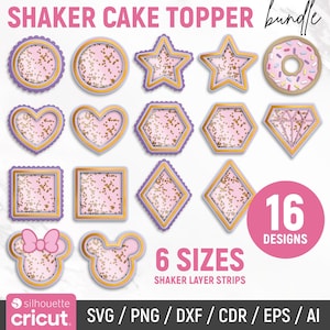 Puede incluir: Una colección de 16 diseños de adornos para tartas con efecto shaker en varias formas, incluyendo estrellas, corazones y círculos. Cada diseño presenta un borde dorado, un interior rosa lleno de confeti dorado y un contorno morado. También incluye el texto "SHAKER CAKE TOPPER bundle".