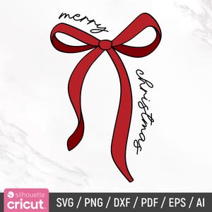 Könnte beinhalten: Illustration einer roten Schleife mit den Worten „merry“ und „christmas“ in handschriftlicher Schrift. Die Schleife ist ein festliches Design, ideal für Bastelarbeiten und Dekorationen zum Thema Feiertage. Das Bild enthält auch das Silhouette Cricut-Logo und Dateitypoptionen.
