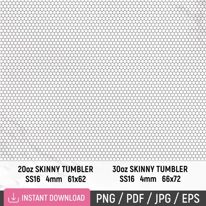 Pode incluir: Um padr&atilde;o preto e branco de c&iacute;rculos dispostos em um padr&atilde;o de favo de mel. O texto "20oz SKINNY TUMBLER SS16 4mm 61x62" e "30oz SKINNY TUMBLER SS16 4mm 66x72" est&aacute; na parte inferior da imagem. O texto "INSTANT DOWNLOAD PNG / PDF / JPG / EPS" est&aacute; na parte inferior da imagem.