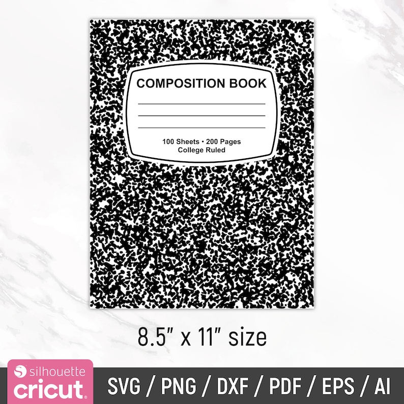 May include: Black and white composition book with the text "COMPOSITION BOOK", "100 Sheets - 200 Pages", and "College Ruled". The book is 8.5 inches by 11 inches.