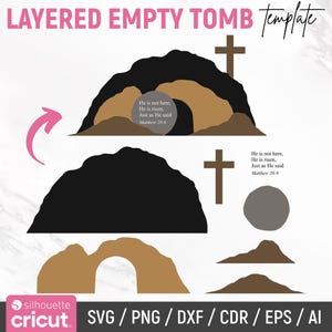 SVG de tumba vacía en capas, decoración de Pascua con tumba vacía, escena de tumba vacía, Él ha resucitado, resurrección de Pascua, SVG de Pascua, archivos de corte, descarga instantánea