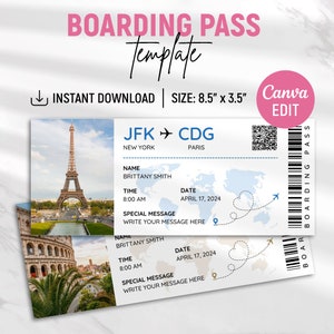 Modèle modifiable de carte d'embarquement, billet d'avion imprimable, voyage surprise avec carte d'embarquement, billet d'embarquement à faire soi-même, réservez la date, modifiable sur toile