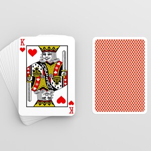 May include: A standard playing card, the King of Hearts, with a red background and a white border. The card shows a king with a crown and a sword. The back of the card has a red and white pattern.