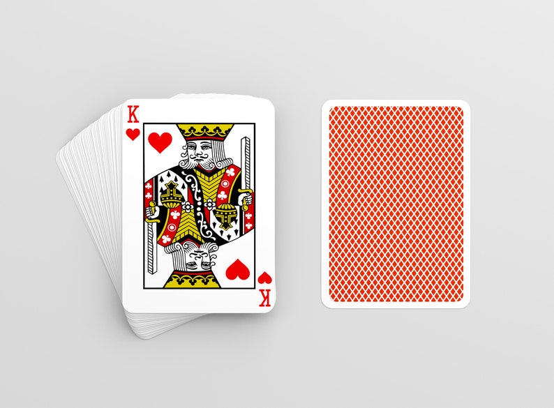 May include: A standard playing card, the King of Hearts, with a red background and a white border. The card shows a king with a crown and a sword. The back of the card has a red and white pattern.