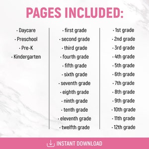 Puede incluir: Una lista de las p&aacute;ginas incluidas en un recurso imprimible para maestros. La lista incluye guarder&iacute;a, preescolar, pre-K, jard&iacute;n de infantes y los grados 1-12.