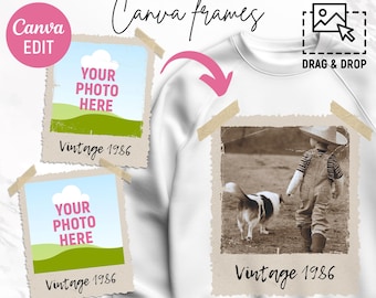 Sjabloon voor oude fotolijstcanva, polaroidfotolijst, vintage foto, retrolijst, sjabloon oude fotoshirt, vintage verjaardag, canvas bewerkbaar