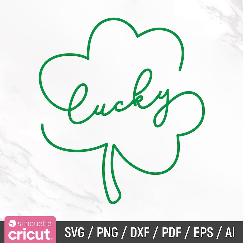 May include: A green outline of a four-leaf clover with the word "lucky" written in cursive inside.