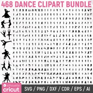Pode incluir: Uma coleção de 468 silhuetas de clipart de dança pretas. A imagem apresenta várias poses de dança, incluindo ballet e dança de salão. O texto "468 DANCE CLIPART BUNDLE" está em rosa. A imagem também inclui o texto "SVG / PNG / DXF / CDR / EPS / AI".