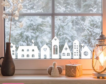 Arte navideño para ventanas, casas navideñas en formato SVG, imágenes prediseñadas de casas, pueblo navideño en formato SVG, decoración de pueblos, casas en formato SVG, archivos de corte, descarga instantánea
