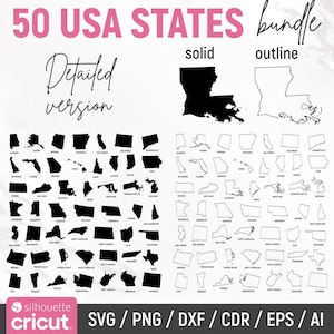 K&ouml;nnte beinhalten: Ein digitaler Download von 50 detaillierten Umrissen der US-Bundesstaaten in sowohl Voll- als auch Outline-Versionen. Das Bild zeigt ein Beispiel f&uuml;r den Umriss des Bundesstaates Louisiana in sowohl Vollschwarz als auch Outline-Versionen. Der Text "50 USA STATES bundle" befindet sich oben im Bild. Der Text "Detailed version" befindet sich in der oberen linken Ecke des Bildes. Der Text "solid" befindet sich &uuml;ber dem durchgezogenen Umriss von Louisiana. Der Text "outline" befindet sich &uuml;ber dem Umriss von Louisiana. Der Text "SVG/PNG/DXF/CDR/EPS/AI" befindet sich unten im Bild.