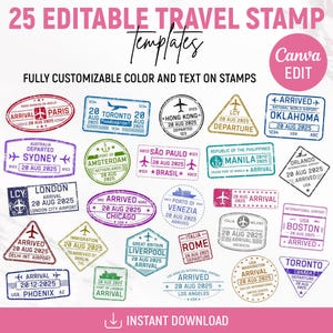 May include: A collection of 25 editable travel stamp templates in various shapes and colors. Each stamp includes text fields for customization, with destinations like Paris, London, and Toronto. The image also includes the text "Canva EDIT" and "Instant Download."