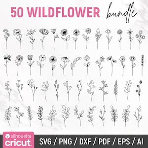 Lot de 50 fleurs sauvages, Svg fleur, floral Svg, fleurs sauvages, Svg floral, Svg botanique, Clipart fleur, fichiers Svg pour Cricut