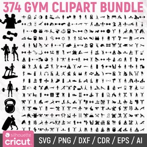 May include: A black and white collection of 374 gym-themed clipart images. The images include silhouettes of people exercising with weights, on treadmills, and using other gym equipment. The text at the top reads "374 GYM CLIPART BUNDLE".