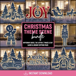 LOT de scènes sur le thème de Noël, décor de pelouse de scène de Noël, modèle de silhouette d'extérieur, imprimable, trace et découpe, pochoirs, téléchargement immédiat