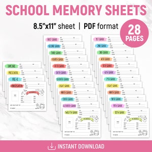 Puede incluir: Un conjunto de 28 hojas de recuerdos escolares imprimibles en formato PDF. Cada hoja mide 21,6 cm por 27,9 cm y presenta un nivel escolar diferente desde la guarder&iacute;a hasta el 12&ordm; grado. Las hojas est&aacute;n dise&ntilde;adas con un tema de arco&iacute;ris colorido e incluyen espacio para fotos, fechas, nombres de las escuelas, nombres de los profesores y materias, actividades, colores y canciones favoritas.
