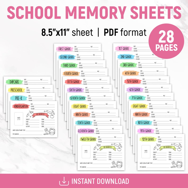 Puede incluir: Un conjunto de 28 hojas de recuerdos escolares imprimibles en formato PDF. Cada hoja mide 21,6 cm por 27,9 cm y presenta un nivel escolar diferente desde la guarder&iacute;a hasta el 12&ordm; grado. Las hojas est&aacute;n dise&ntilde;adas con un tema de arco&iacute;ris colorido e incluyen espacio para fotos, fechas, nombres de las escuelas, nombres de los profesores y materias, actividades, colores y canciones favoritas.