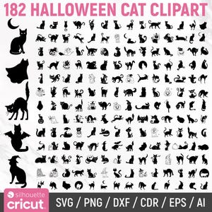 Puede incluir: Una colección de 182 imágenes prediseñadas de gatos negros de Halloween en varias poses y estilos. La imagen incluye una luna creciente y el texto "182 HALLOWEEN CAT CLIPART". La imagen también incluye el texto "SVG / PNG / DXF / CDR / EPS / AI".