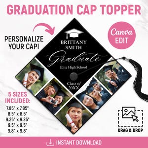 May include: Black graduation cap topper with a personalized design. Features the text "GRADUATION CAP TOPPER", "PERSONALIZE YOUR CAP!", and "BRITTANY SMITH Graduate Elite High School Class of 20XX". Includes photos and size options: 19.9cm x 19.9cm to 24.9cm x 24.9cm.