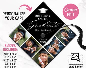 Personalisierter Abschluss Cap Topper, benutzerdefinierter grad Cap Topper, Klasse von 2026, Abschlussvorlage Сollage, DIY Abschlusskappe, Canva bearbeitbar