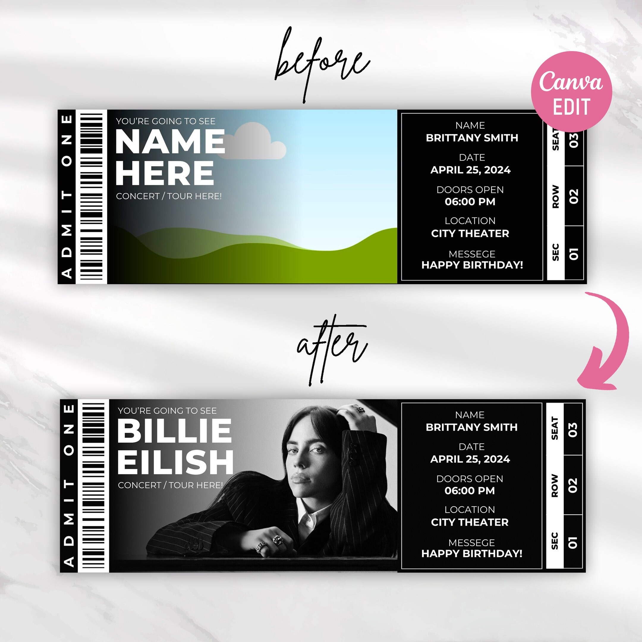 Editable Concert Ticket Template, Custom Concert Ticket Gift, DIY Event ...