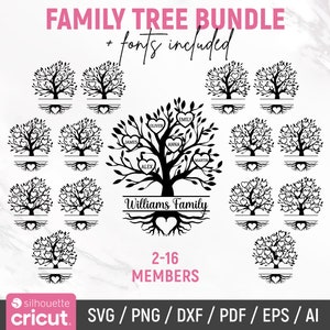 Arbre généalogique SVG, famille de 2 à 16 membres, Svg monogramme arbre, réunion de famille Svg, arbre Svg, arbre de vie Svg, couper des fichiers, Cricut, Png, Svg