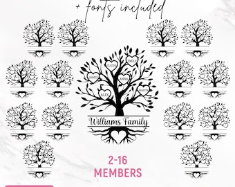 May include: A set of 16 black and white family tree SVG cut files, with a heart-shaped tree trunk and branches. The files are for 2-16 members and include the text "Williams Family" and "2-16 Members".