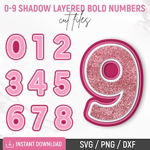 0-9 schaduw gelaagde vetgedrukte nummers Svg, verjaardagstaart of Cupcakes Topper, gelaagde nummers Svg, partij gunst, gesneden bestanden, Cricut, Instant Download