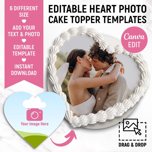 Burn Away Cake Topper Template, Custom Heart Сake Topper, Editable Cake Image, Anniversary Cake Topper, Custom Image and Text, Canva Edit