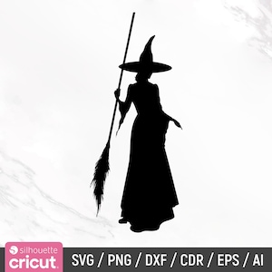 May include: Silhouette of a witch holding a broom with a pointed hat and long flowing dress.