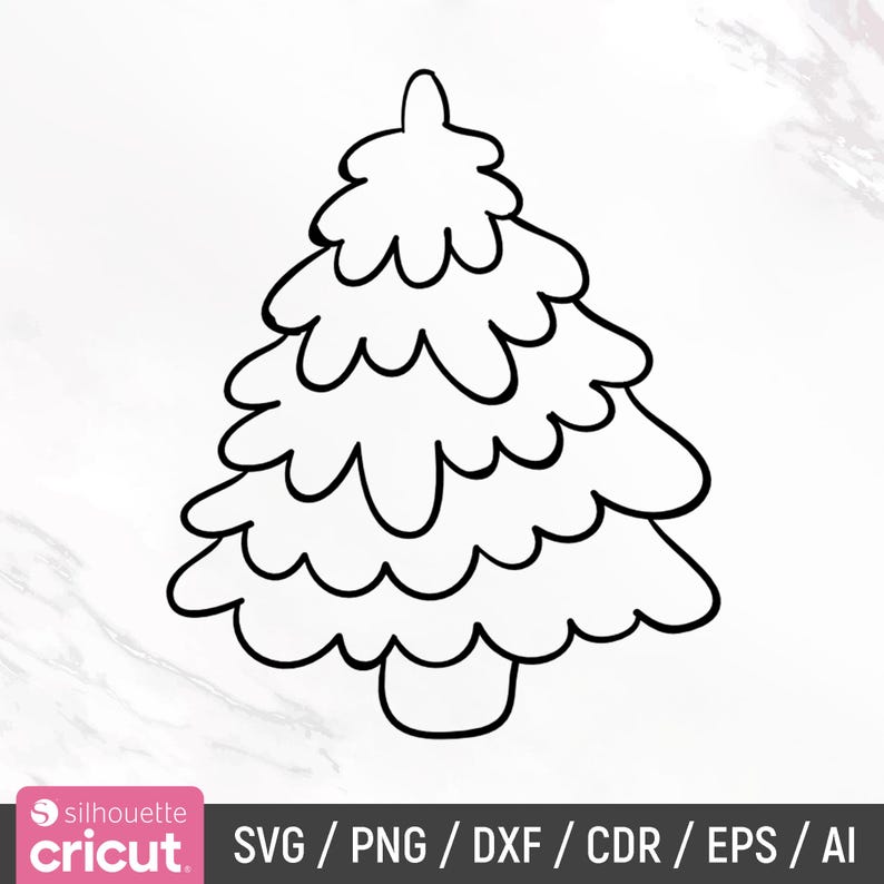K&ouml;nnte beinhalten: Eine schwarz-wei&szlig;e Umrisszeichnung eines Weihnachtsbaums mit einem einfachen, stilisierten Design. Der Baum hat mehrere Schichten abgerundeter, wellenf&ouml;rmiger &Auml;ste.