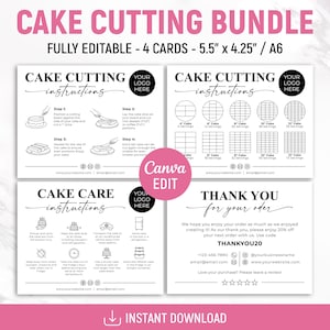 Pode incluir: Um conjunto digital para corte de bolos com quatro cartões editáveis de 14 cm por 10,8 cm. Os cartões incluem instruções de corte, guias de porções para bolos redondos e quadrados, instruções de cuidado e uma nota de agradecimento.