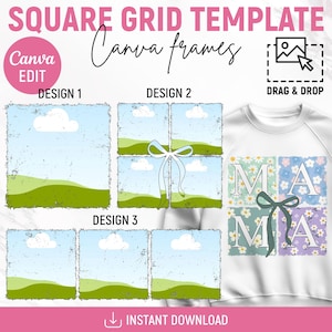 Könnte beinhalten: Eine digitale Vorlage zum Erstellen eines quadratischen Rasterdesigns. Die Vorlage bietet drei verschiedene Designs mit Himmel, Wolken und grünen Hügeln. Die Designs können für Social-Media-Posts, Einladungen oder andere Projekte verwendet werden. Die Vorlage steht zum sofortigen Download bereit.