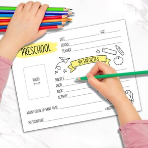 Puede incluir: Una hoja de trabajo de preescolar imprimible con un espacio para una foto, l&iacute;neas para escribir informaci&oacute;n sobre el ni&ntilde;o y una secci&oacute;n para enumerar sus cosas favoritas. La hoja de trabajo est&aacute; decorada con dibujos de un l&aacute;piz, una regla, una manzana y un avi&oacute;n de papel.
