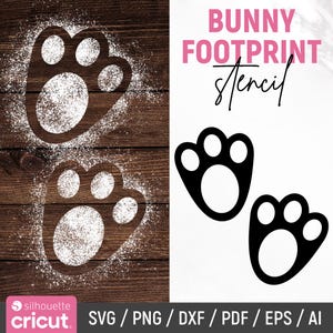 May include: Two black bunny footprints with three toes each. The footprints are on a white background with the text "BUNNY FOOTPRINT stencil" in pink and black letters.