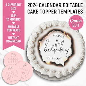 Burn Away Cake Topper Calendar Template, Custom Round Сake Topper, 2024 Calendar Printable, Birthday Cake Topper, Canva Editable image 2