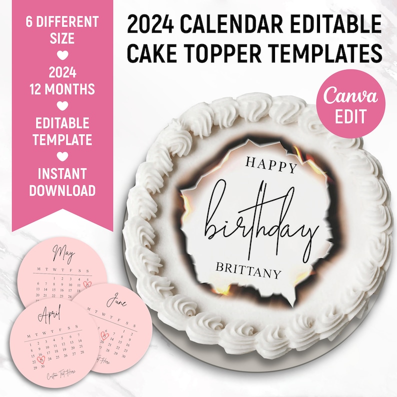 Burn Away Cake Topper Calendar Template, Custom Round Сake Topper, 2024 Calendar Printable, Birthday Cake Topper, Canva Editable image 2