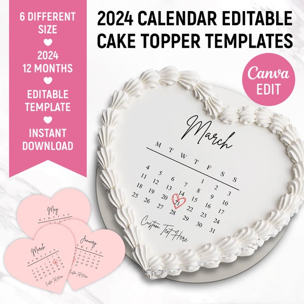 Burn Away Cake Topper Calendar Template, Custom Heart Сake Topper, 2024 Calendar Printable, Birthday Cake Topper, Canva Editable