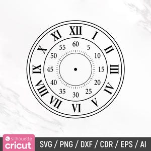 May include: Black and white clock face with Roman numerals and Arabic numerals for the hours and minutes. The clock face has a black center dot and a white background.