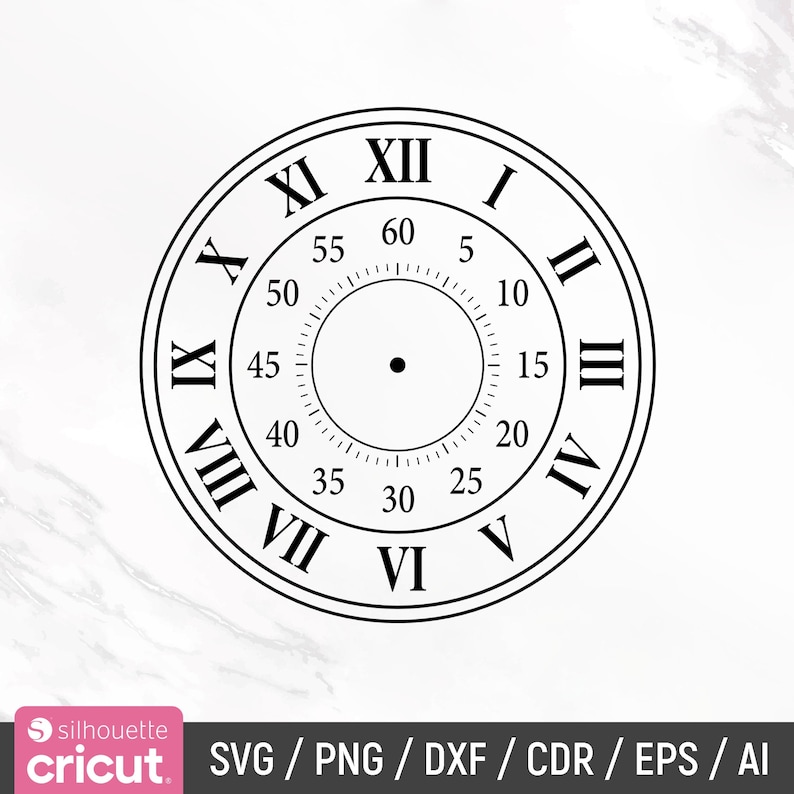May include: Black and white clock face with Roman numerals and Arabic numerals for the hours and minutes. The clock face has a black center dot and a white background.